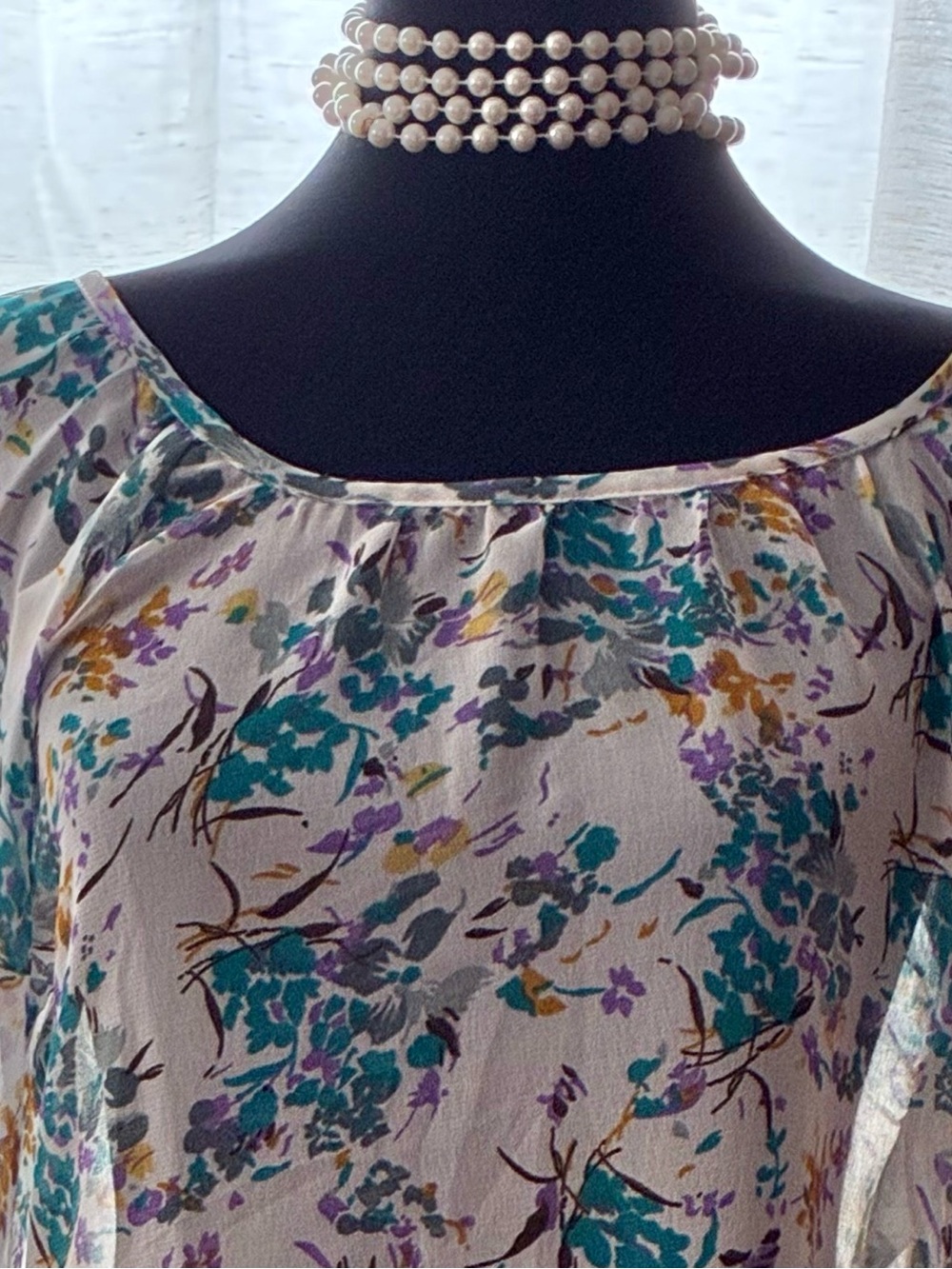 Avani Floral Scoop-Neck Women’s Semi Sheer Blouse in Ivory with Teal & Purple Sm